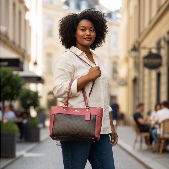 Coach 2017 2(PC) Rouge Pink & Brown Sig C Carryall Shldr Bag & Sig C Card Holder